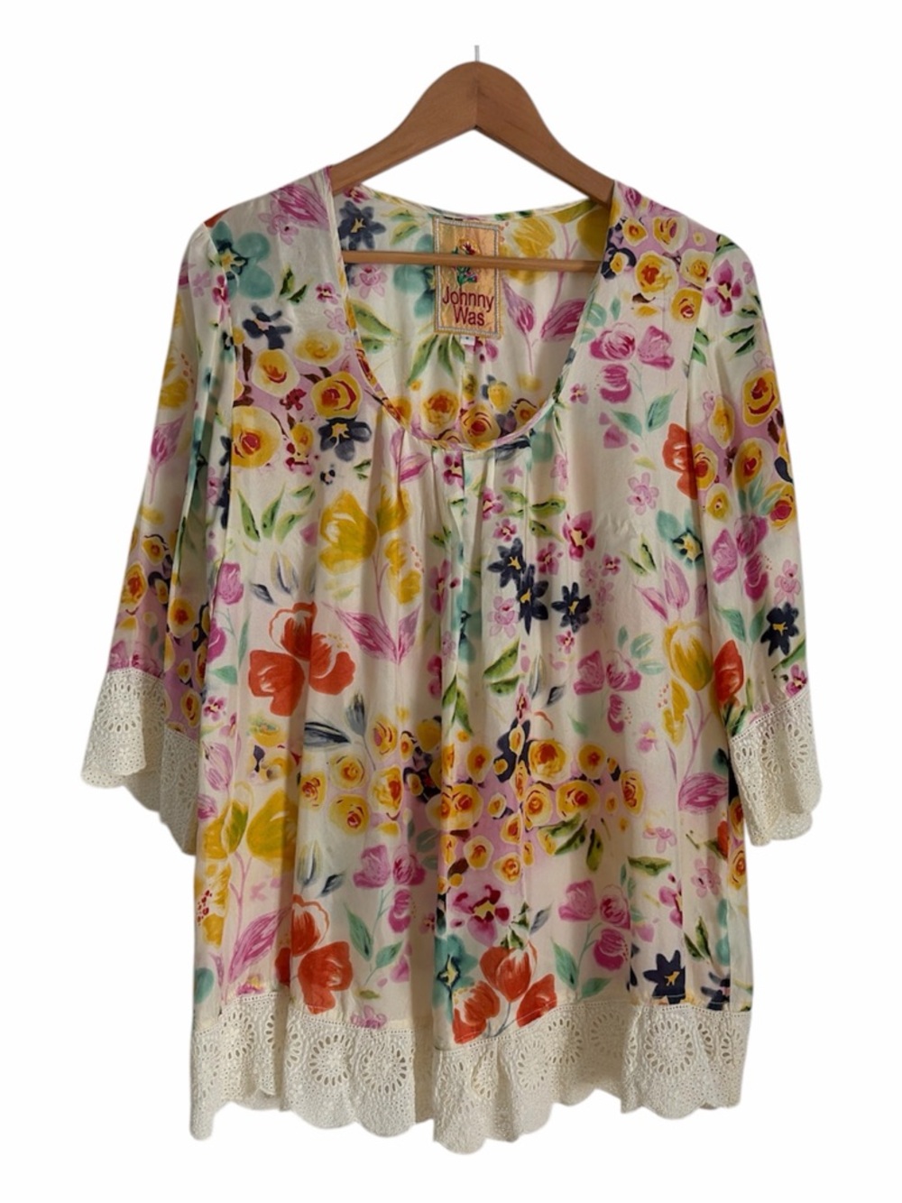 Johnny Was Silk Floral Blouse Lace Trim Boho Top S